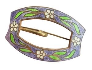 Antique Cloisonné Enameled Art Deco Floral Sash Pin Brooch CClip Costume Jewelry